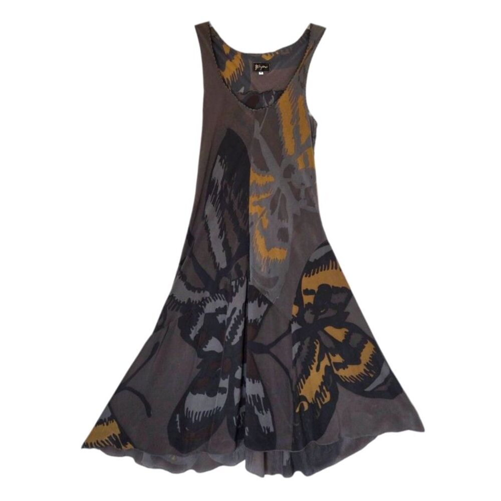 Biya Johnny Was 100% Silk Butterfly Midi Dress Womens Sz Small Grey Ochre Luxe